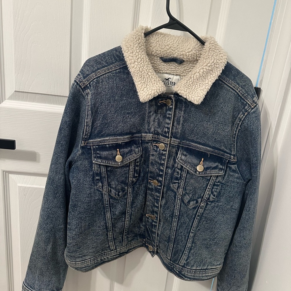 Hollister Blue Denim Jacket with Cream Sherpa Collar